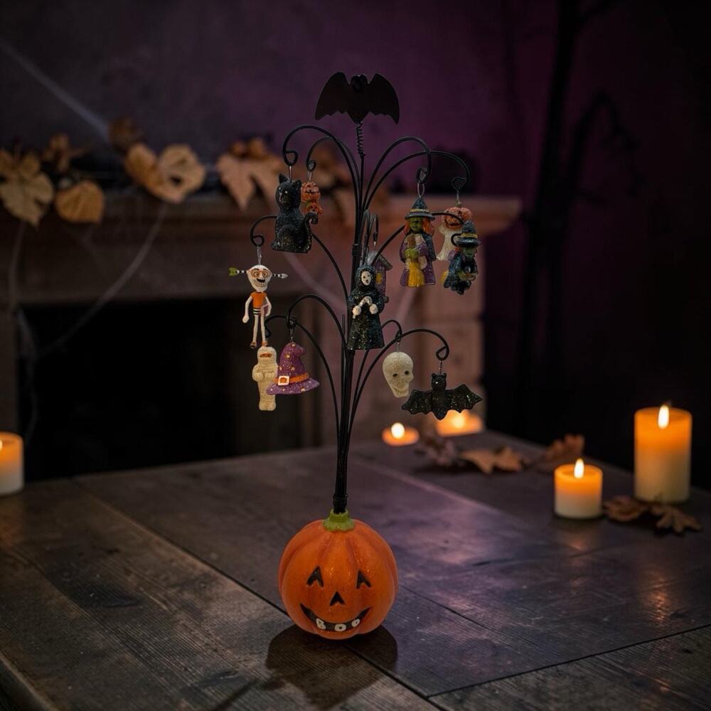 Vintage Halloween Miniature Ornament Pumpkin Tree With 12 Ornaments 18”